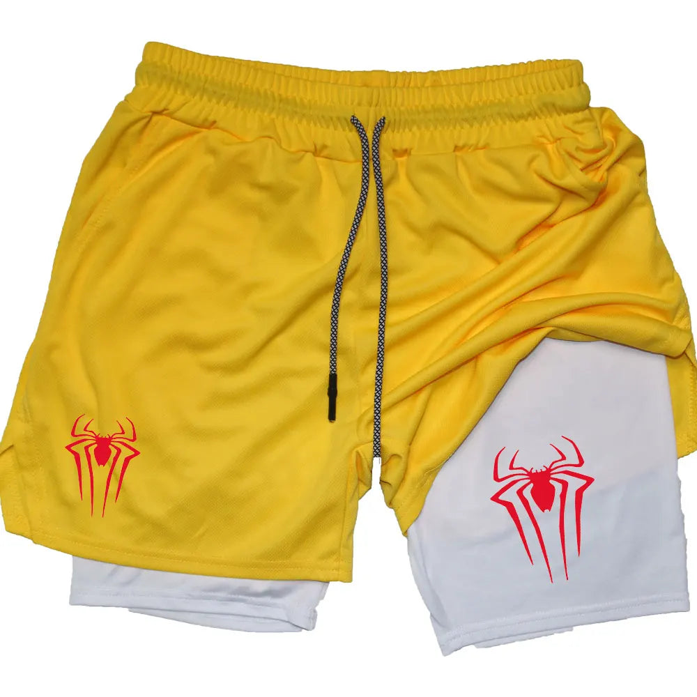 Y2K Performance Shorts Men Spider Printed GYM Casual Sports Compression Shorts Workout Running Mesh 2 In 1 Sport Short Pants