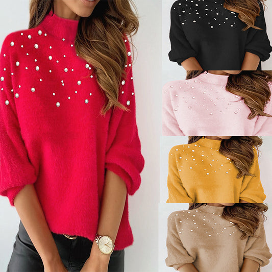 Women's Clothing Beaded Turtleneck Long-sleeved Top