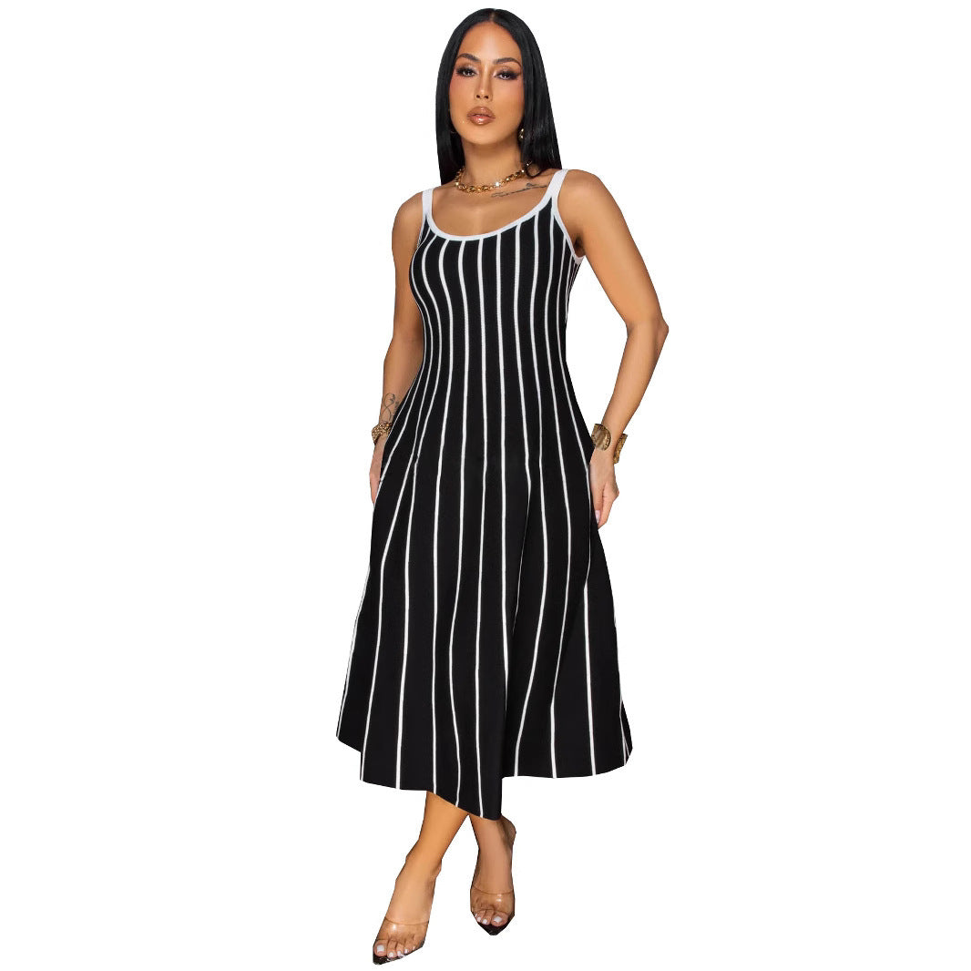 Retro Spaghetti Straps Striped Stitching Dress