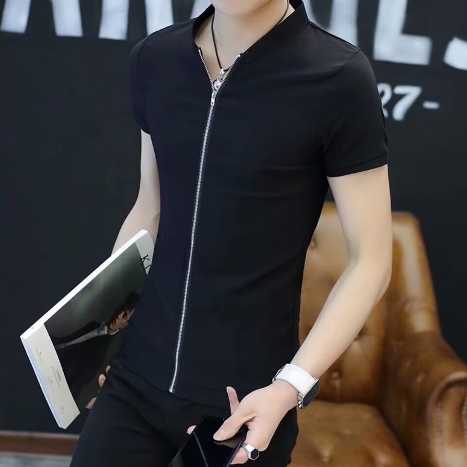 Men's Short Sleeve Stand Collar Shirt Teenagers Slim-fit Cardigan