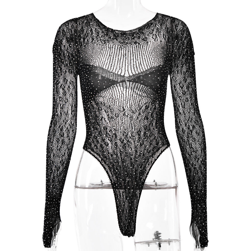 Jumpsuit Tight High Elastic Knitted Sheer Long Sleeve