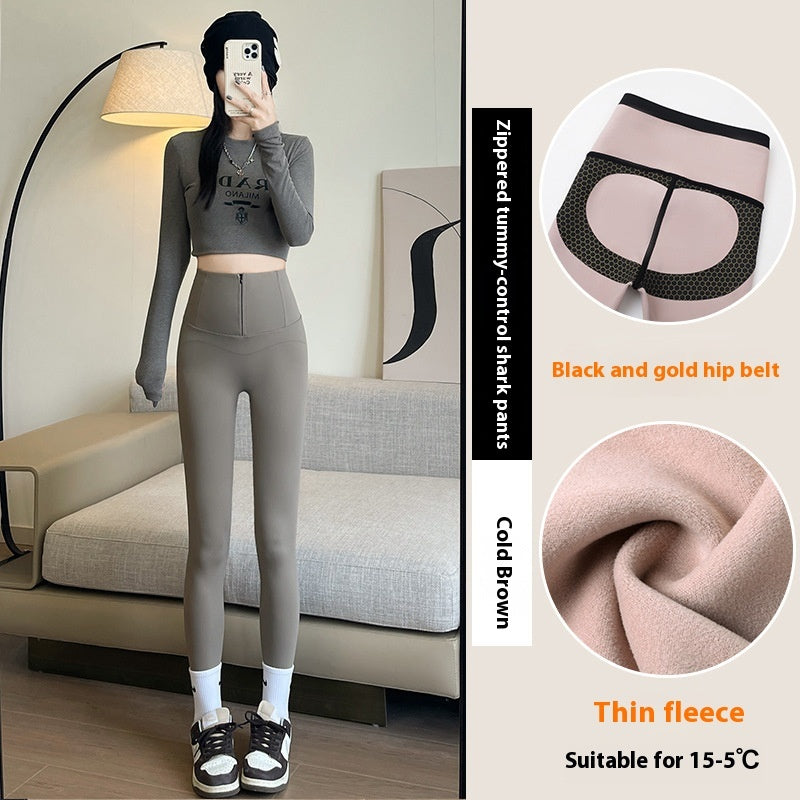 Belly-controlling Butt Lifting Leggings With Three-breasted Design Winter High Waist Slim Zippere Pants Warm Velvet And Thickened Trousers For Women