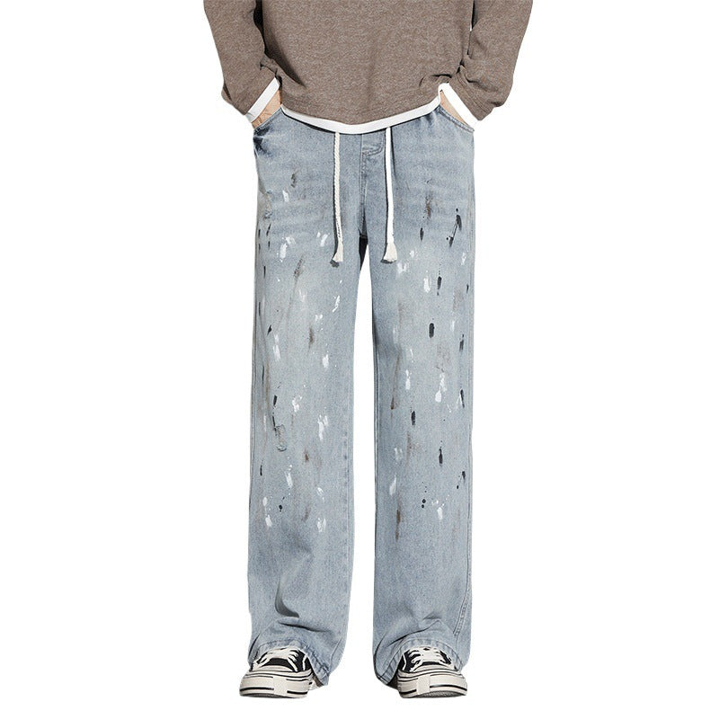 Blue Jeans Men's Graffiti Retro Distressed Ruffle Handsome Pants