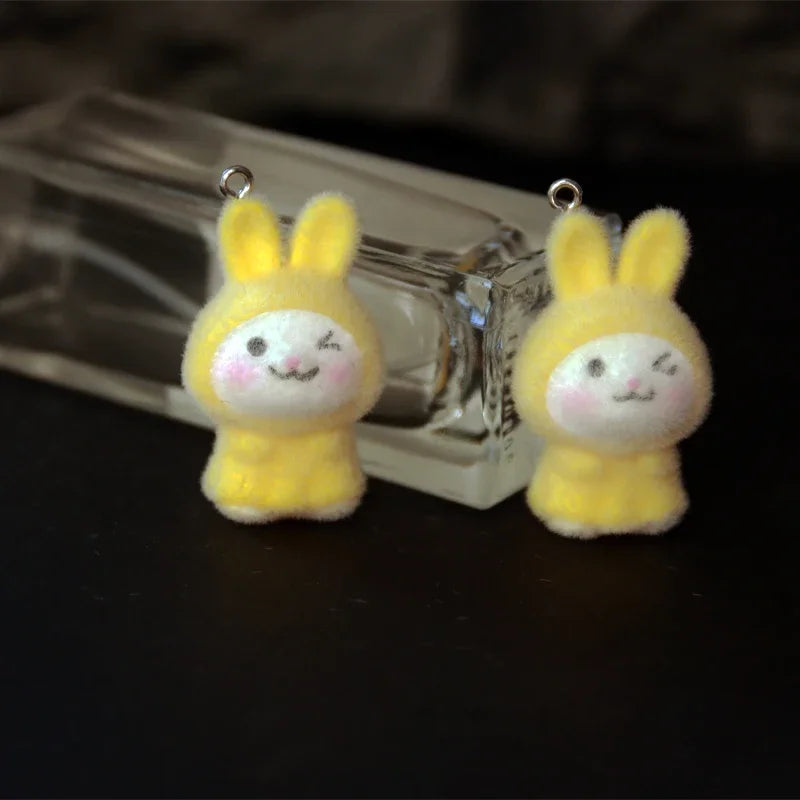 30Pcs 3D Kawaii Flocked Rabbit Charms Cartoon Animal Resin Pendant Earrings Keychains Accessories for DIY Crafts Jewelry Make