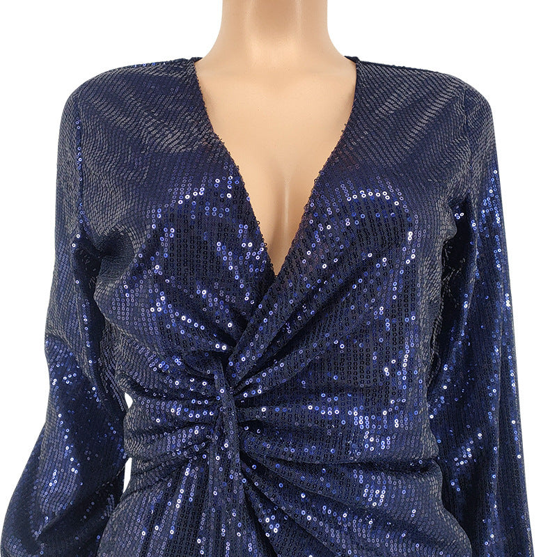 Spring New Embroidered Sequin Sexy Long Sleeve Dress