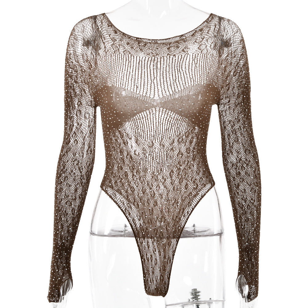 Jumpsuit Tight High Elastic Knitted Sheer Long Sleeve