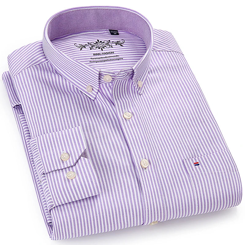 Men's Long Sleeve Oxford Plaid Striped Work Casual Shirt with Pocket, Spring Autumn  Cotton Blend Regular-fit Button-down Shirts