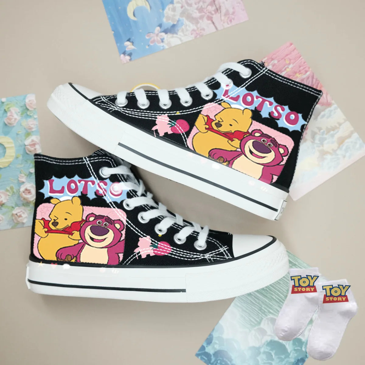Buzz Lightyear Winnie the Pooh Strawberry Bear student couple casual shoes for men Autumn new high top canvas shoes for women