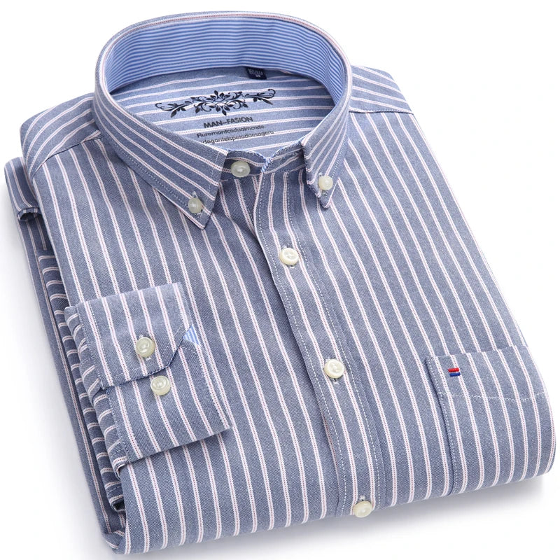 Men's Long Sleeve Oxford Plaid Striped Work Casual Shirt with Pocket, Spring Autumn  Cotton Blend Regular-fit Button-down Shirts